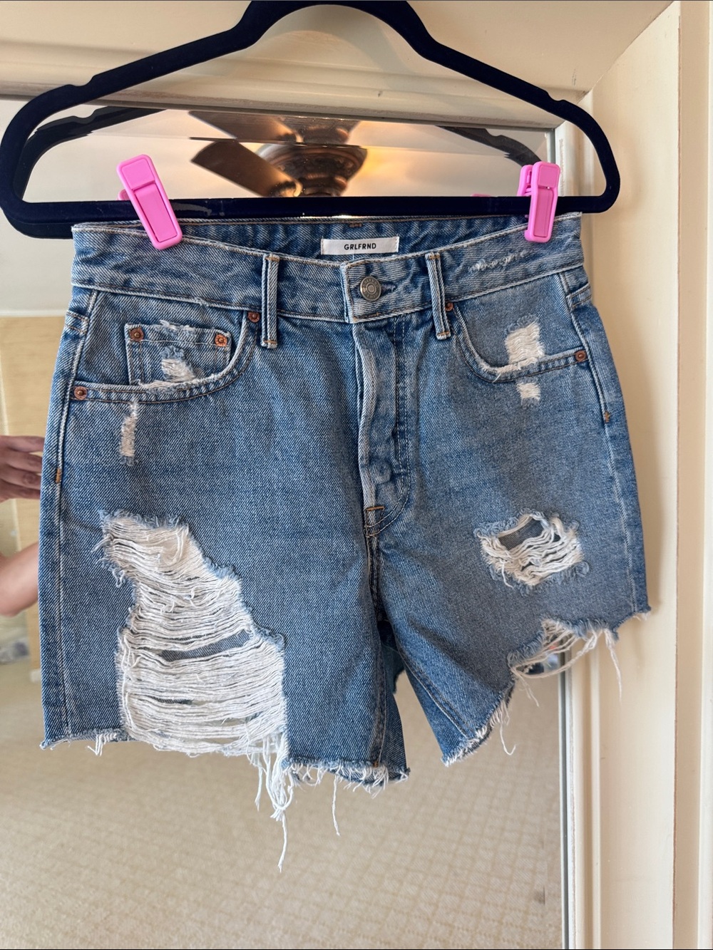 GRLFRND Distressed High-Rise Denim Shorts in Blue